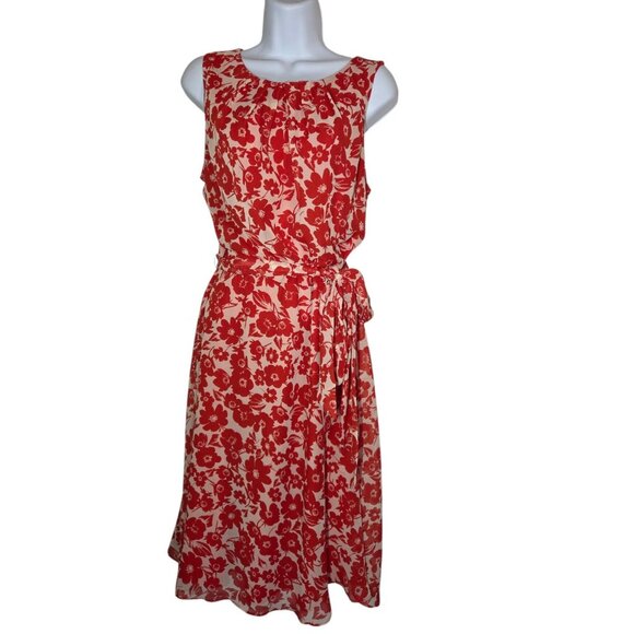 JH Jessica Howard Dresses & Skirts - JH Red Pink Sleeveless Floral Chiffon Blouson A-Line Midi Dress Belted 14